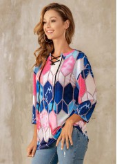 Multi Color tops,Rainbow Color tops,Geometric tops,ROTITA Geometric Print Lace Up 3/4 Sleeve T Shirt
