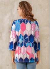 Multi Color tops,Rainbow Color tops,Geometric tops,ROTITA Geometric Print Lace Up 3/4 Sleeve T Shirt