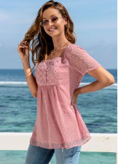Pink tops,Plain Color tops,ROTITA Solid Square Collar Short Sleeve Blouse