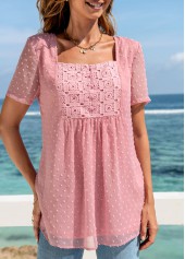Pink tops,Plain Color tops,ROTITA Solid Square Collar Short Sleeve Blouse