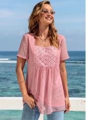 Pink tops,Plain Color tops,ROTITA Solid Square Collar Short Sleeve Blouse
