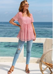 Pink tops,Plain Color tops,ROTITA Solid Square Collar Short Sleeve Blouse