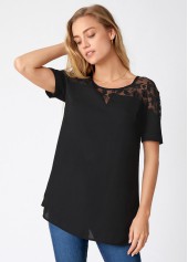 Black tops,Plain Color tops,ROTITA Lace Stitching Solid Short Sleeve T Shirt