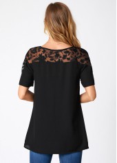 Black tops,Plain Color tops,ROTITA Lace Stitching Solid Short Sleeve T Shirt