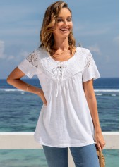 White tops,Plain Color tops,ROTITA Tie Front Lace Stitching Short Sleeve T Shirt