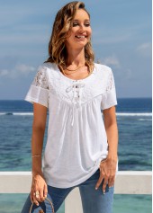 White tops,Plain Color tops,ROTITA Tie Front Lace Stitching Short Sleeve T Shirt