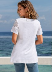 White tops,Plain Color tops,ROTITA Tie Front Lace Stitching Short Sleeve T Shirt
