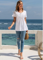 White tops,Plain Color tops,ROTITA Tie Front Lace Stitching Short Sleeve T Shirt
