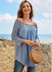 Blue tops,Paisley tops,ROTITA Stringy Selvedge Lace Stitching Off Shoulder Blouse