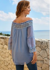 Blue tops,Paisley tops,ROTITA Stringy Selvedge Lace Stitching Off Shoulder Blouse
