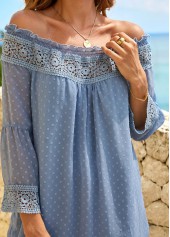 Blue tops,Paisley tops,ROTITA Stringy Selvedge Lace Stitching Off Shoulder Blouse