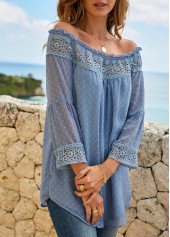 Blue tops,Paisley tops,ROTITA Stringy Selvedge Lace Stitching Off Shoulder Blouse