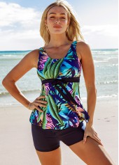 ROTITA Wide Strap Leaf Print Tie Front Tankini Set