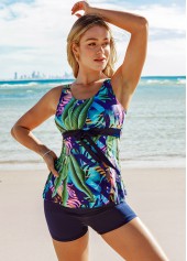 Multi Color swimwear,Plants swimwear,ROTITA Wide Strap Leaf Print Tie Front Tankini Set