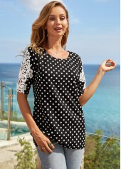 Multi Color tops,Dot tops,ROTITA Polka Dot Lace Stitching Short Sleeve T Shirt