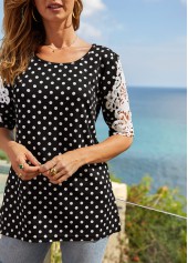 Multi Color tops,Dot tops,ROTITA Polka Dot Lace Stitching Short Sleeve T Shirt