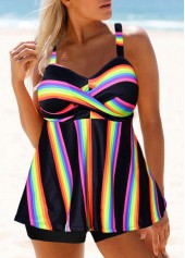 Multi Color swimwear,Striped swimwear,ROTITA Wide Strap Rainbow Stripe Cross Front Tankini Set