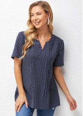 ROTITA Split Neck Short Sleeve Polka Dot Blouse