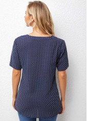 Navy tops,Dot tops,ROTITA Split Neck Short Sleeve Polka Dot Blouse