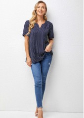 Navy tops,Dot tops,ROTITA Split Neck Short Sleeve Polka Dot Blouse