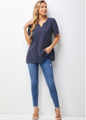 Navy tops,Dot tops,ROTITA Split Neck Short Sleeve Polka Dot Blouse