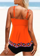 Orange swimwear,Tribal swimwear,ROTITA Bowknot Tribal Print Wide Strap Tankini Set 