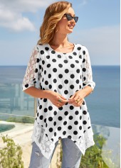 Multi Color tops,Dot tops,ROTITA Polka Dot Lace Stitching 3/4 Sleeve T Shirt