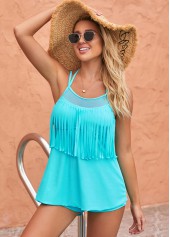 Cyan swimwear,Plain Color swimwear,ROTITA Spaghetti Strap Solid Tassel Tie Back Tankini Set