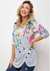 ROTITA Decorative Button Floral Print Long Sleeve T Shirt