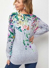Multi Color tops,Floral tops,ROTITA Decorative Button Floral Print Long Sleeve T Shirt