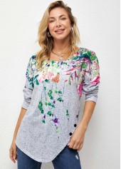 Multi Color tops,Floral tops,ROTITA Decorative Button Floral Print Long Sleeve T Shirt