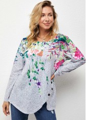 Multi Color tops,Floral tops,ROTITA Decorative Button Floral Print Long Sleeve T Shirt