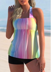 Multi Color swimwear,Floral swimwear,ROTITA Smocked Halter Rainbow Color Tankini Set