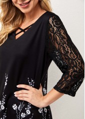 Black tops,Floral tops,ROTITA Black Lace Stitching Asymmetric Hem T Shirt