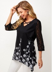 Black tops,Floral tops,ROTITA Black Lace Stitching Asymmetric Hem T Shirt