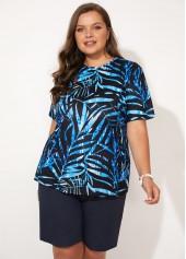 Plants plus size,Leaf Print Plus Size Short Sleeve Tankini Set