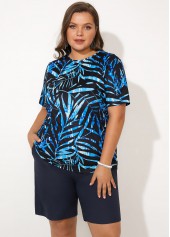 Plants plus size,Leaf Print Plus Size Short Sleeve Tankini Set