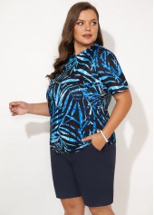 Plants plus size,Leaf Print Plus Size Short Sleeve Tankini Set