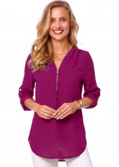 Purple tops,Plain Color tops,ROTITA Button Detail Quarter Zip Solid T Shirt