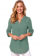 Turquoise tops,Plain Color tops,ROTITA Quarter Zip Button Detail Solid T Shirt