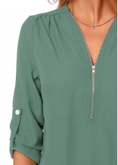 Turquoise tops,Plain Color tops,ROTITA Quarter Zip Button Detail Solid T Shirt