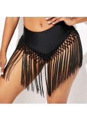 Black swimwear,Plain Color swimwear,ROTITA Mid Waist Tassel Detail Solid Bikini Bottom
