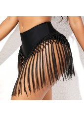Black swimwear,Plain Color swimwear,ROTITA Mid Waist Tassel Detail Solid Bikini Bottom