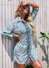 Blue swimwear,Tribal swimwear,Turndown Collar Printed 3/4 Sleeve Cover Up