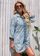 Blue swimwear,Tribal swimwear,Turndown Collar Printed 3/4 Sleeve Cover Up
