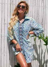 Blue swimwear,Tribal swimwear,Turndown Collar Printed 3/4 Sleeve Cover Up