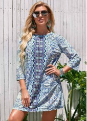 Round Neck Printed 3/4 Sleeve Cover Up