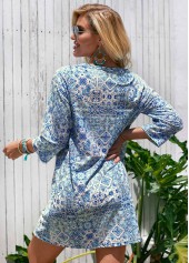 Blue swimwear,Tribal swimwear,Round Neck Printed 3/4 Sleeve Cover Up