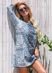 Blue swimwear,Tribal swimwear,Round Neck Printed 3/4 Sleeve Cover Up