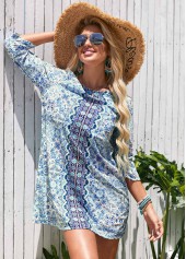 Blue swimwear,Tribal swimwear,Round Neck Printed 3/4 Sleeve Cover Up